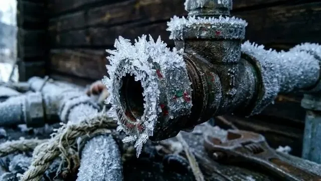 Pipe tee and valve coated in white frost crystals against a dark wall