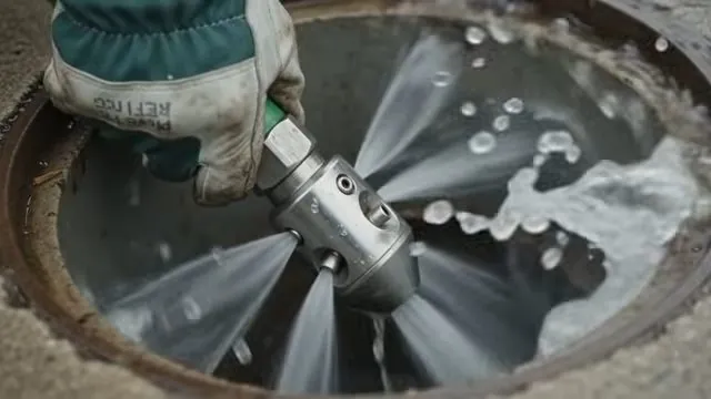 Gloved hand holding a jetting nozzle that sprays water in several directions inside a manhole