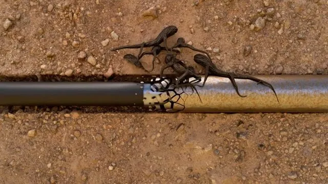 Black pipe in loose soil with dark roots wrapped around a joint