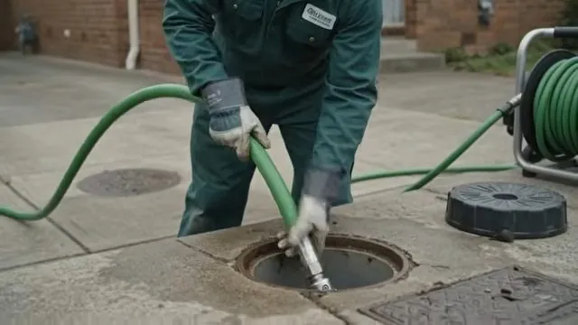 Worker feeding a green jetter hose into a cleanout opening in a paved yard