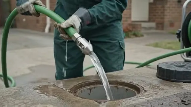 Worker in green coveralls holding a jetting hose that sends water into a ground cleanout